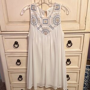 En Creme White Dress with Blue Embroidery